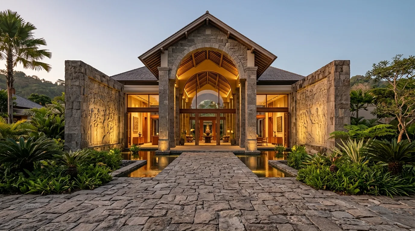 Hotel lobby with natural stone wall and flooring