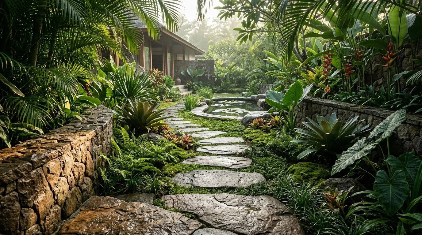 Landscaped garden with natural stone paving and pebbles