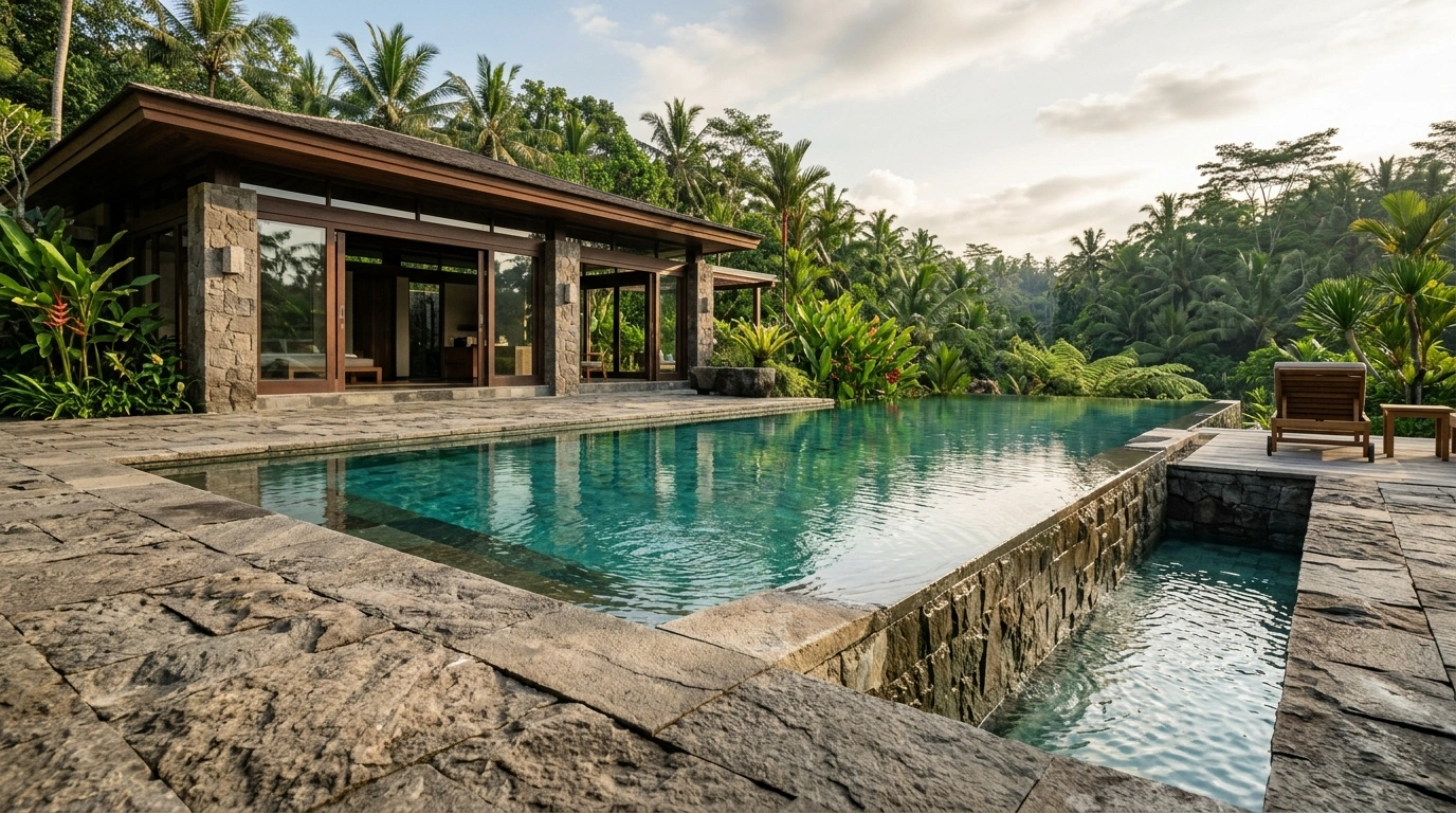 Natural stone swimming pool with green Sukabumi tiles