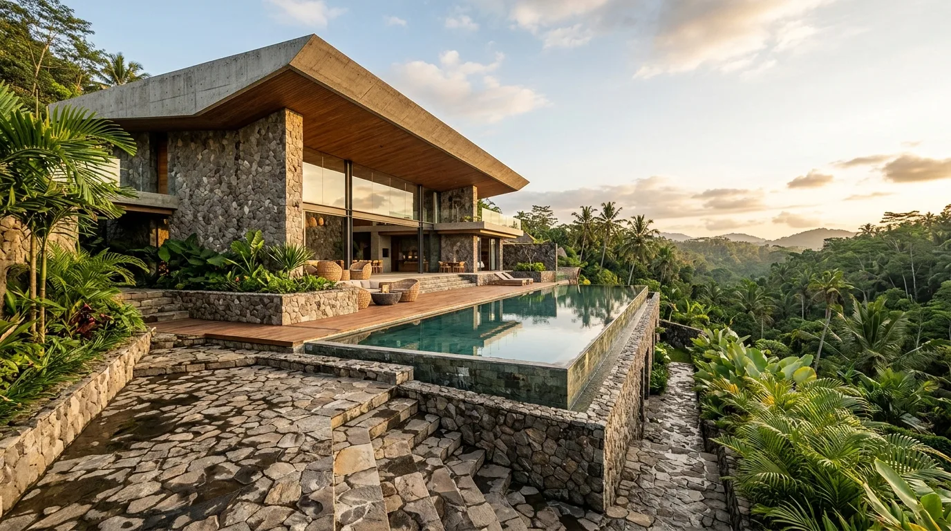 Premium villa with natural stone walls and pool