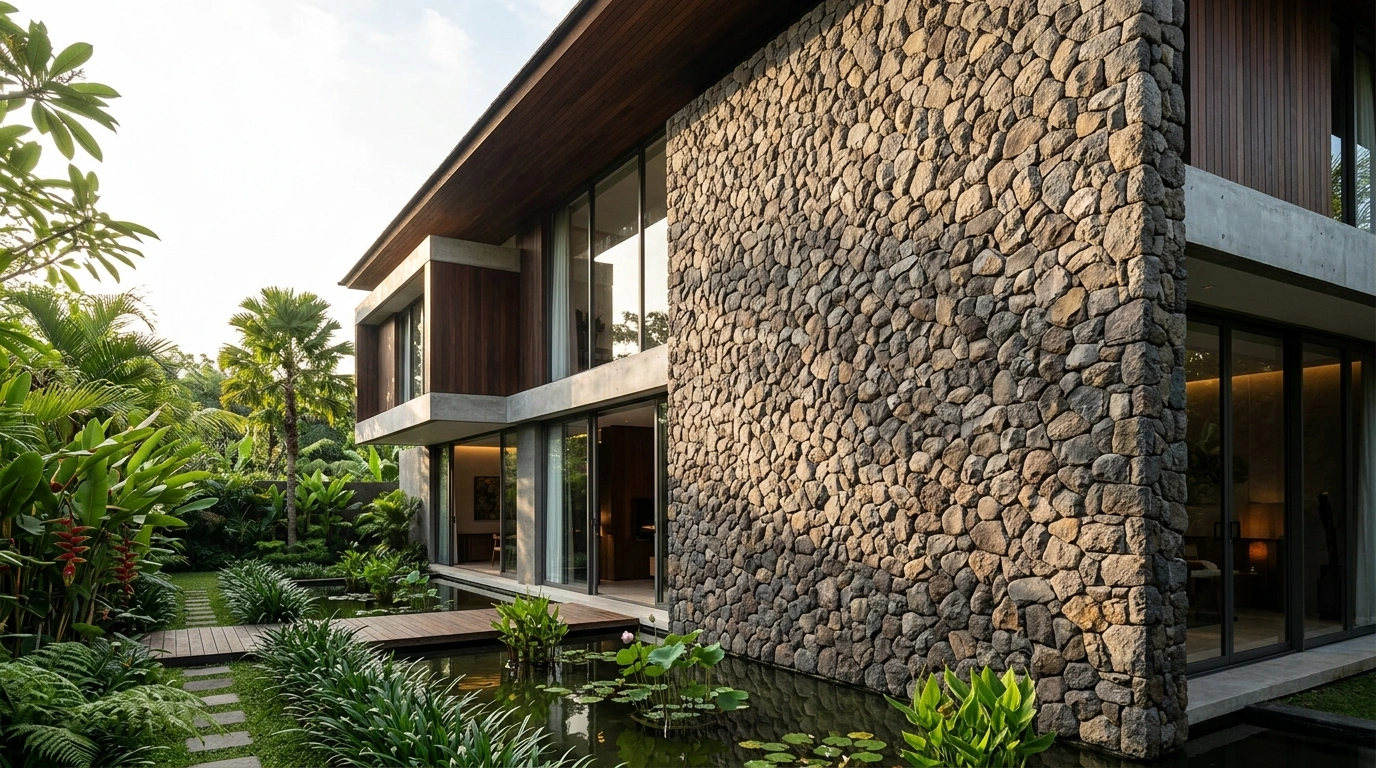 Natural stone wall cladding on a modern building facade