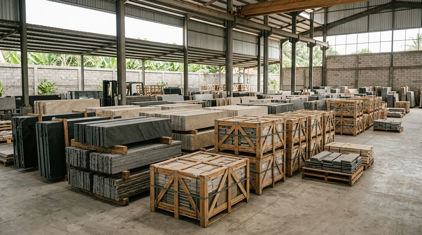 Indonesian natural stone prepared for export container loading