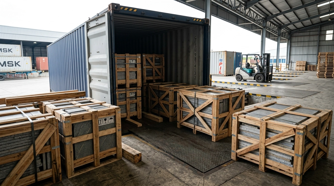 Natural stone being loaded into an export container