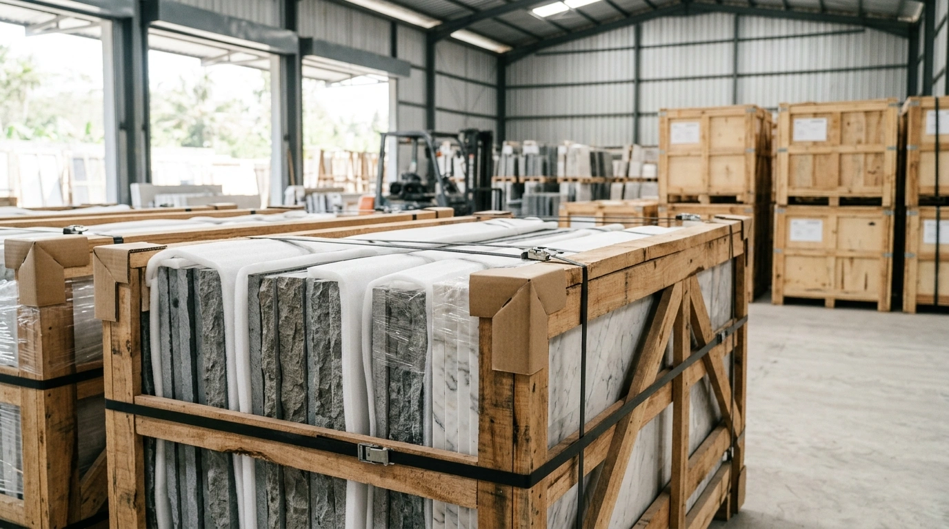 Natural stone packed in wooden crates for export