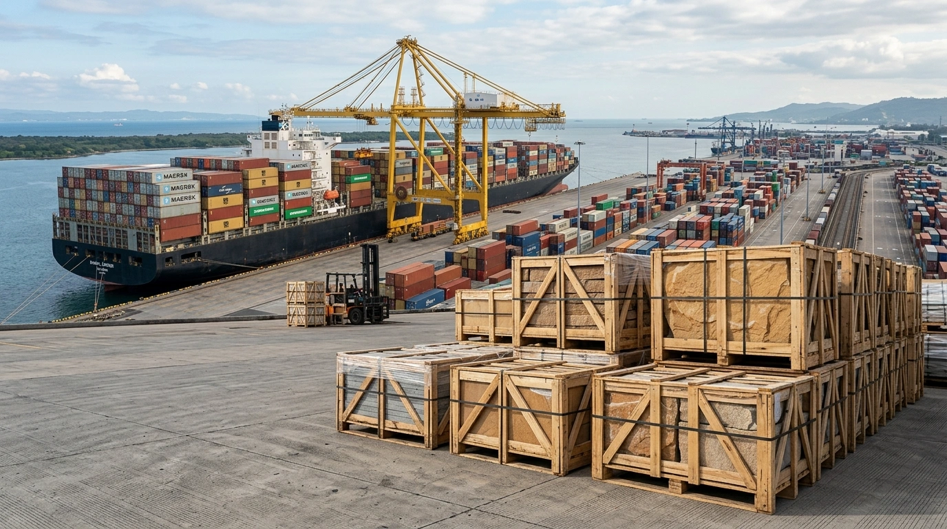 Container ship carrying natural stone exports from Indonesia