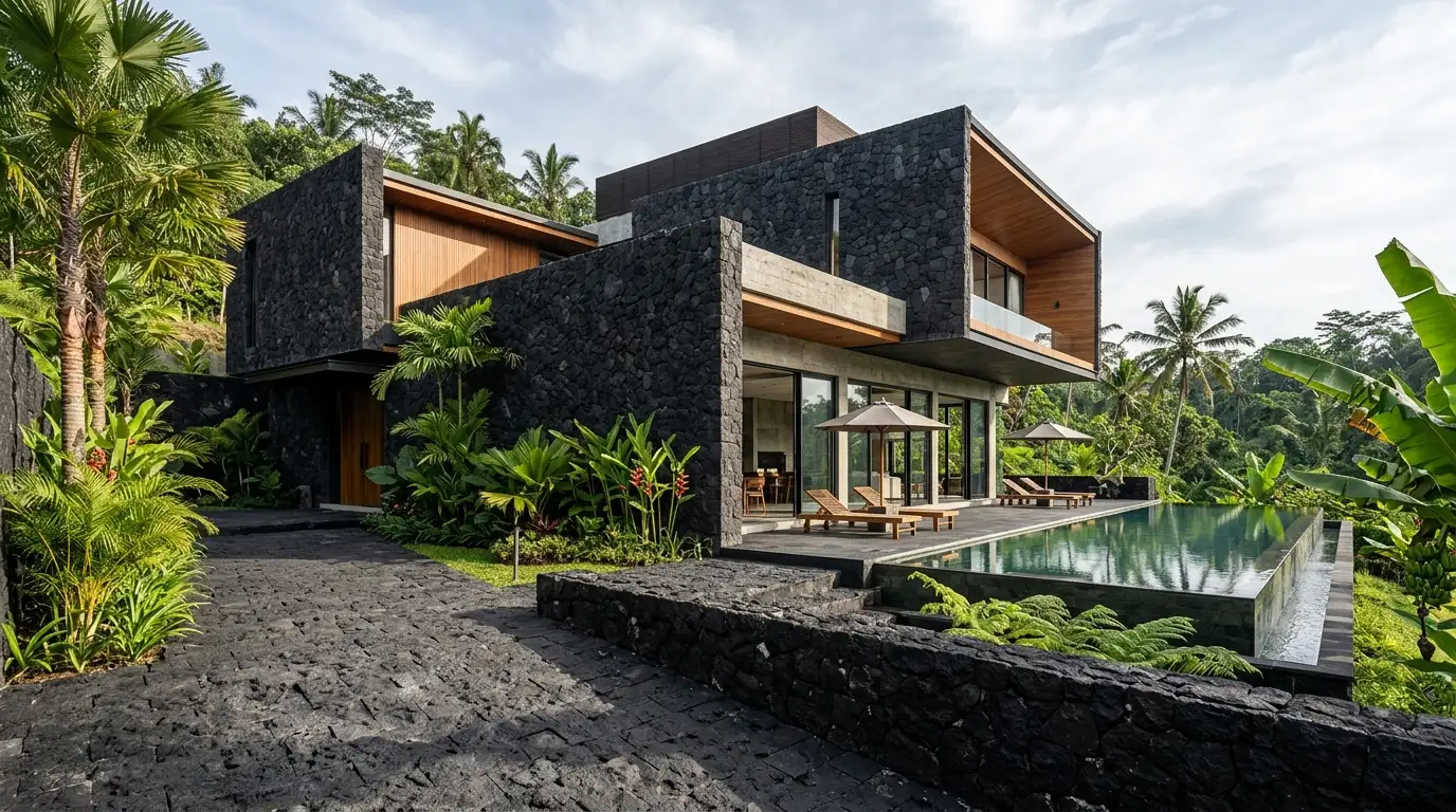 Black Lava Stone wall cladding for a modern villa exterior