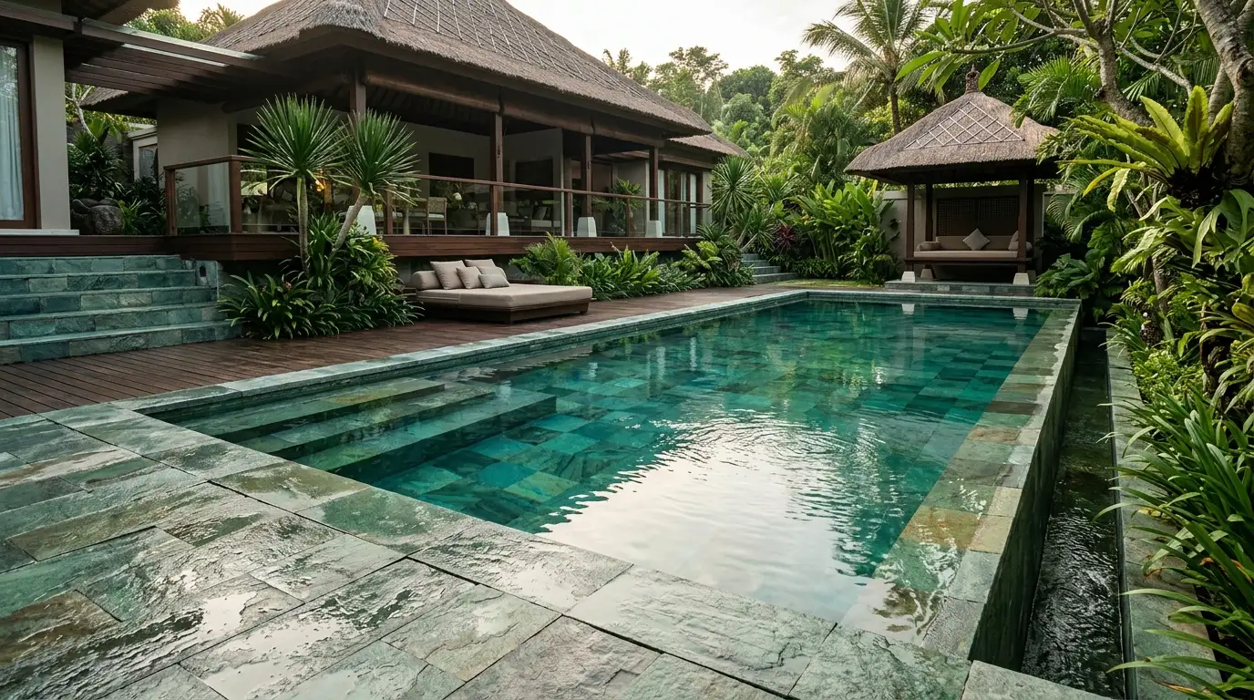 Sukabumi Green Stone swimming pool tiles with natural green tones